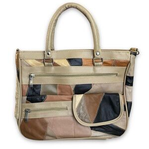 Tan And Brown Patchwork Faux Leather Bag